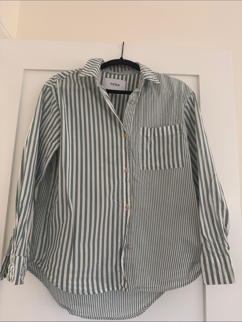 Pistola Green and White Striped Button Down